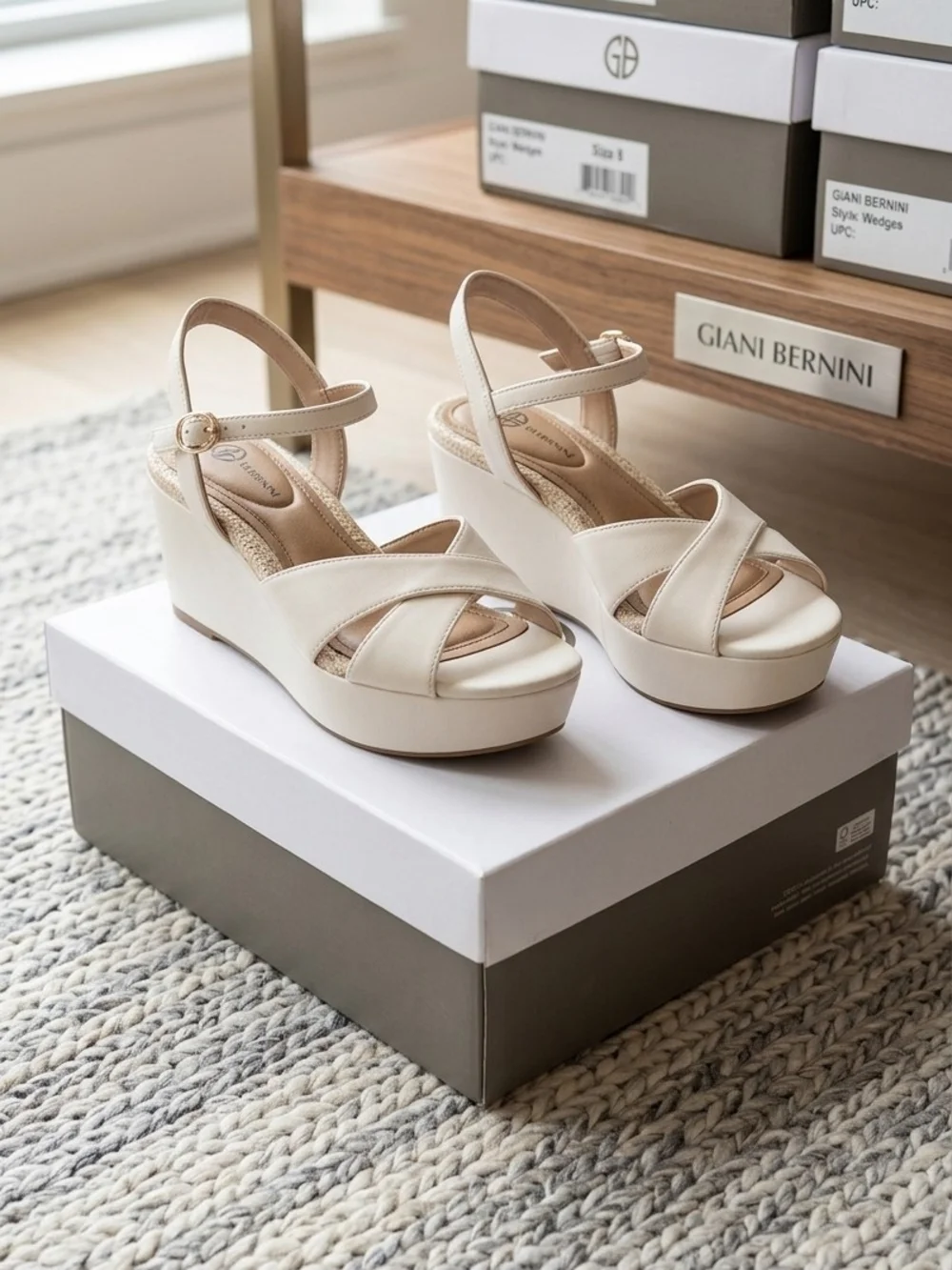 Giani Bernini Cream Cross-Strap Wedge Sandals with Ankle Buckle